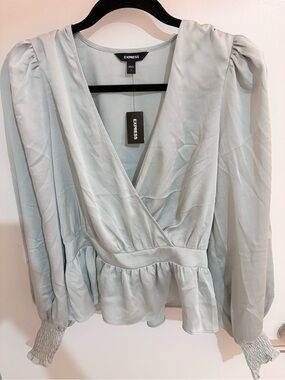 NWT Express Pale Blue Wrap Peplum Blouse Size Small